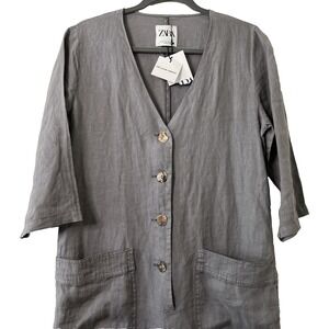 ZARA Lillian Jumpsuit SMALL 100% Linen Gray Blogger Fav Utility Lagenlook Romper